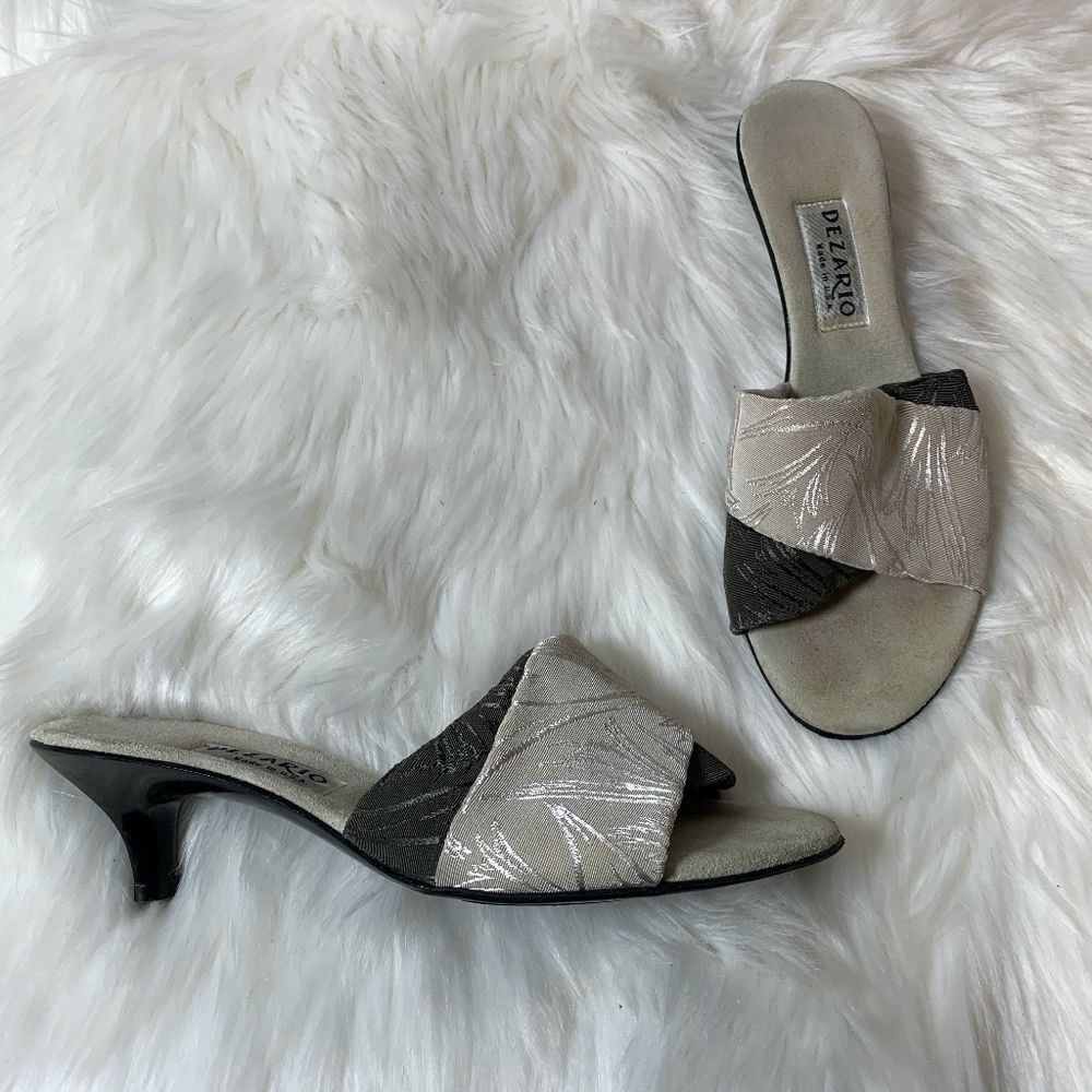 Dezario Kitten Heel Brown/Taupe Fabric Mules Sz 37